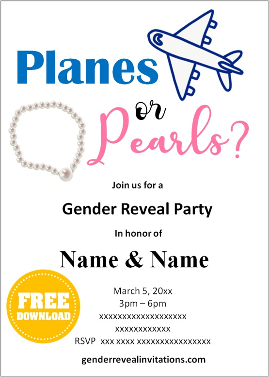 planes or pearls gender reveal party invitations