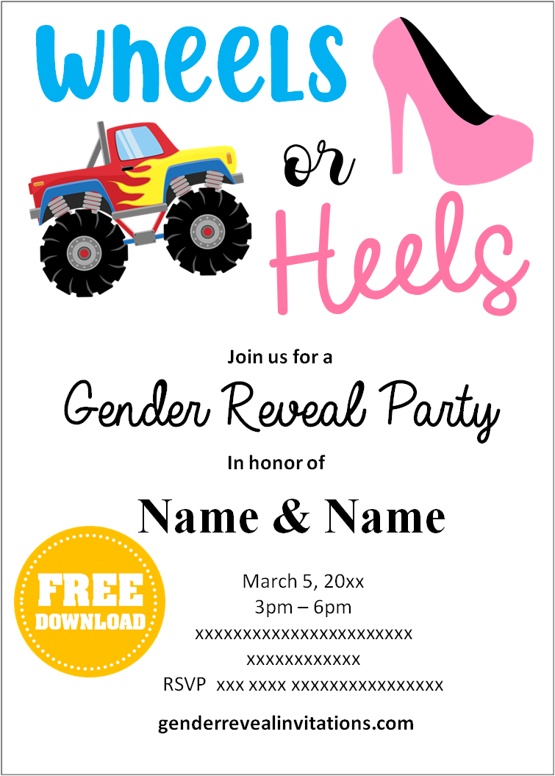 wheels or heels gender reveal invitations