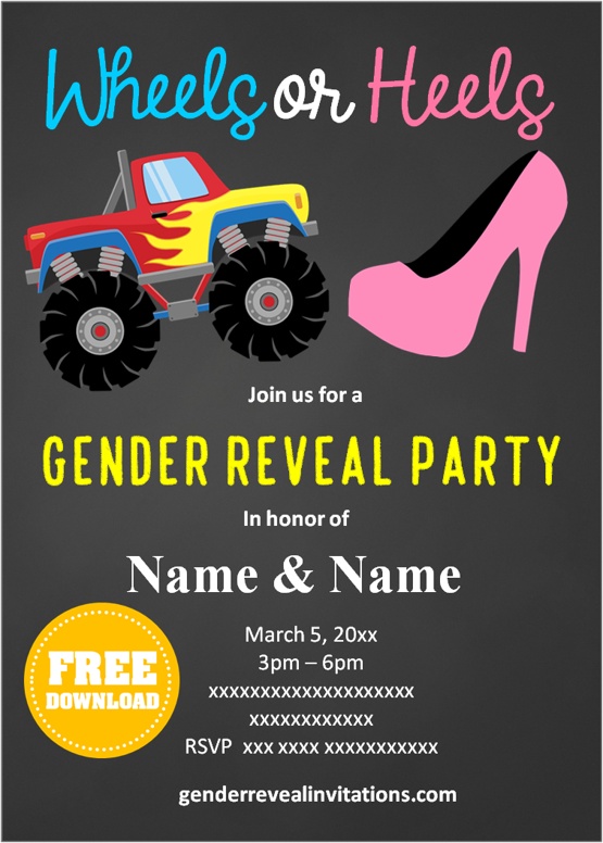 Printable Wheels or Heels Gender Reveal Invitation DIY