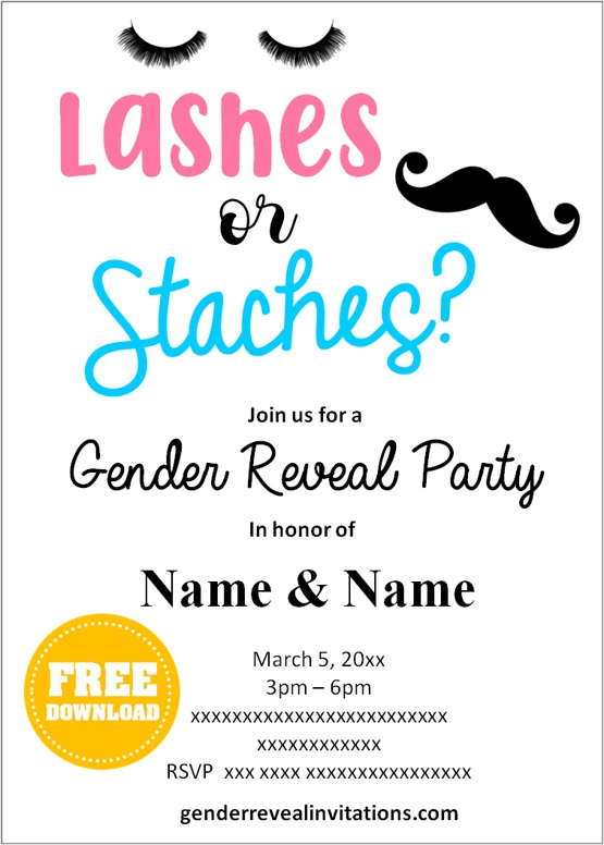 lashes or staches gender reveal invitation