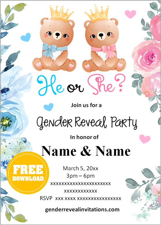 teddy bear gender reveal invitations free